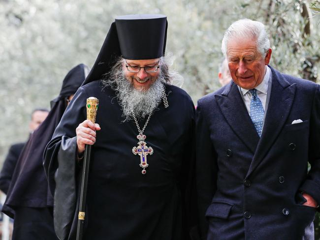 Britain's Charles (R), Prince of Wales, walks with Roman Krassovsky, Archimandrite of the Russian Orthodox Church Outside Russia during a recent visit to Israel. Picture: Ahmad Gharabli