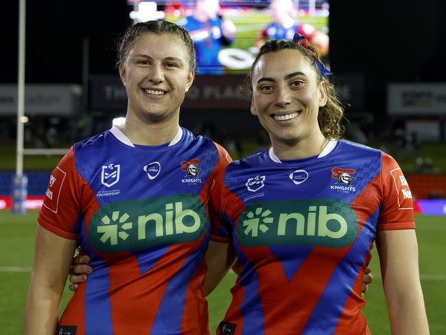 Isabella Waterman (left) and Grace Kukutai of the Newcastle Knights. Picture: NRL Photos/Michael Gorton