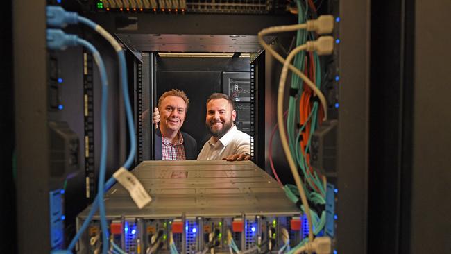 YourDC CEO Scott Hicks and David Welling, and Australian industry specialist with Naval Group Australia at the YourDC data centre in Adelaide’s north. Picture: Tom Huntley