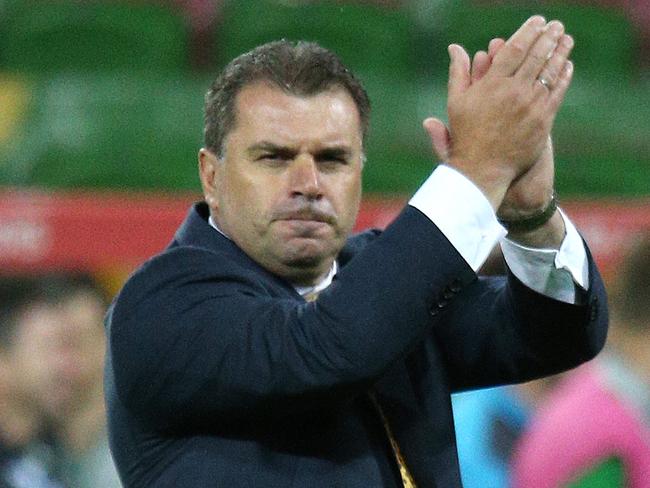 2014 Asian Cup, Socceroos v Kuwait at The Melbourne Rectangular Stadium, Melbourne Australia 9th January. Socceroos coach Ange Postecoglou thanks te fans after ther win. Picture : George Salpigtidis