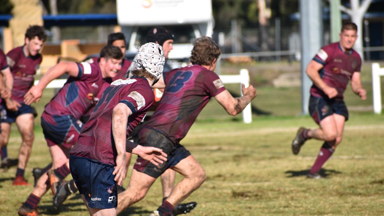 The Toowoomba Bears side gunning for the tryline in their B-grade clash against the Warwick Water Rats at Risdon Oval on July 10, 2021.