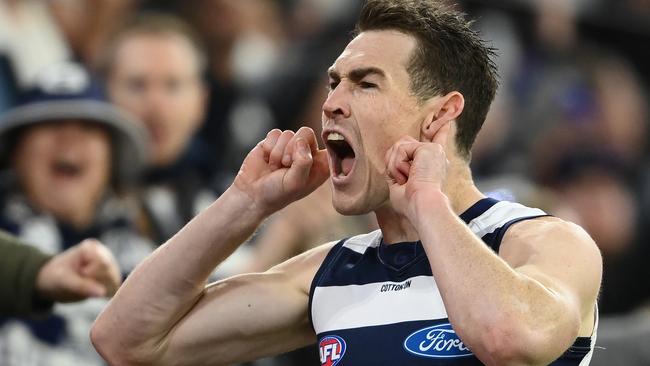 MELBOURNE, AUSTRALIA - SEPTEMBER 03: Jeremy Cameron of the Cats reacts to the crowd after kicking a goal during the AFL First Qualifying Final match between the Geelong Cats and the Collingwood Magpies at Melbourne Cricket Ground on September 03, 2022 in Melbourne, Australia. (Photo by Quinn Rooney/Getty Images)