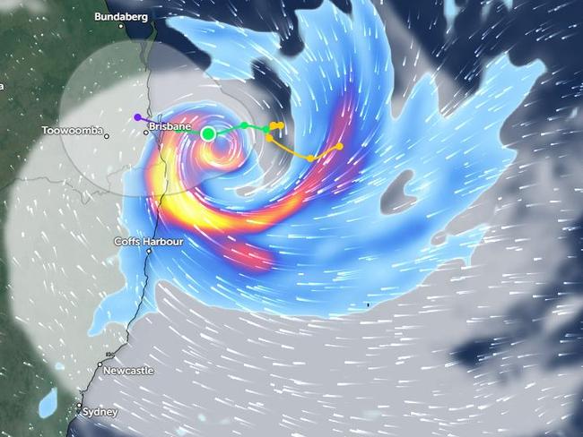 Projected radar for 12am Friday as Tropical Cyclone Alfred nears landfall. Picture: Supplied/ Zoom Earth.