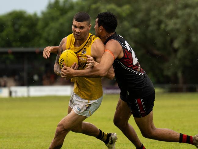 Brandan Parfitt on his Round 10 return to the Nightcliff Tigers against the Tiwi Bombers in the 2024-25 NTFL season. Picture: Jack Riddiford / AFLNT Media