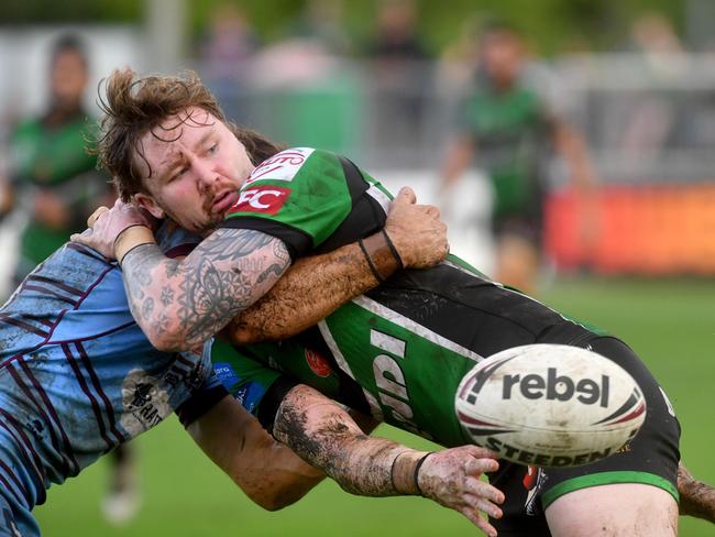 Townsville Blackhawks against Central Coast Capras at Jack Manski Oval. Blackhawks Thomas Nisbet gets pass away to set up his team's second try. Picture: Evan Morgan