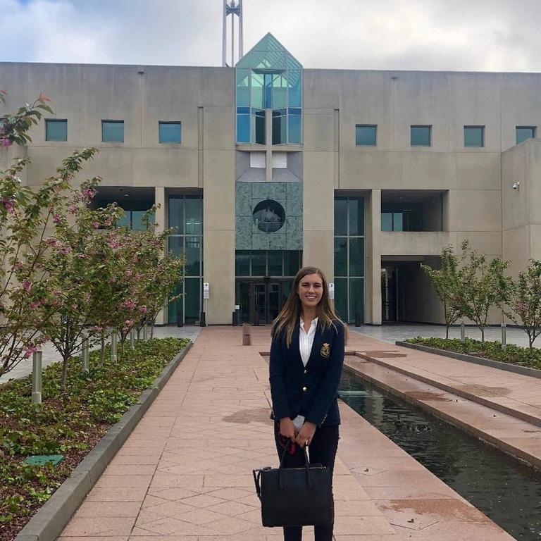 Brittany Higgins on her first day at work at Parliament House