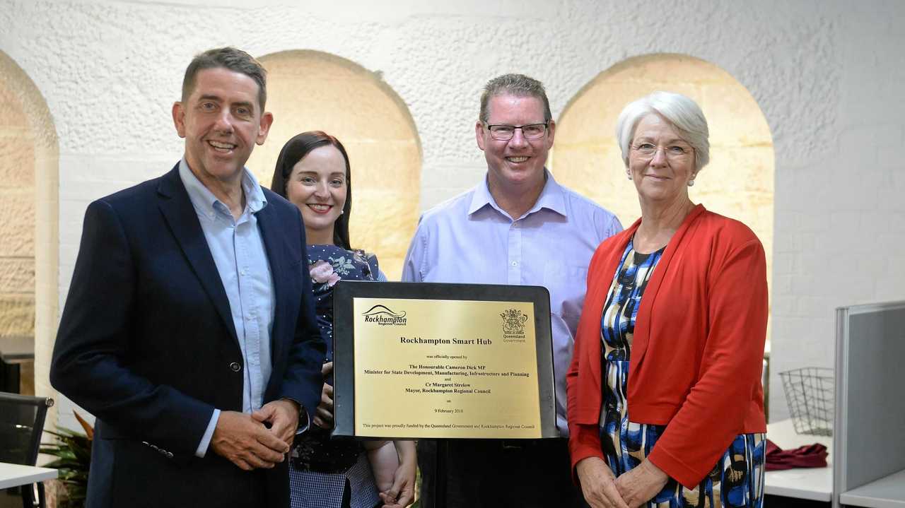 A SMART FACILITY: Minister for State Development, Manufacturing, Infrastructure and Planning Cameron Dick, Member for Keppel, Brittany Lauga, Member for Rockhampton Barry O'Rourke and Mayor Margaret Strelow at Rockhampton Smart Hub. Picture: Allan Reinikka ROK090218asmarthu