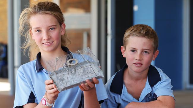 Warren schoolkids Emily Wise and Harrison Barclay pictured with a mouse trap that they use to catch mice in their school. Picture: David Swift