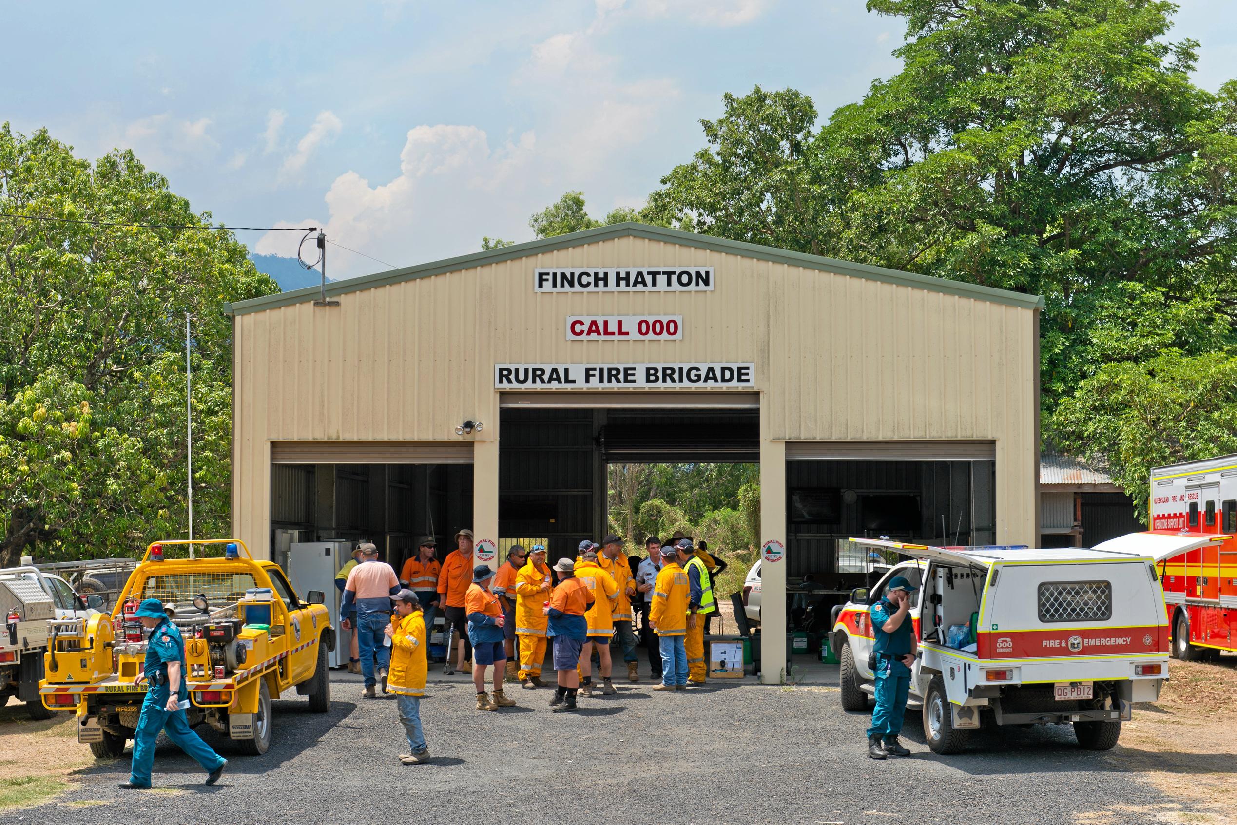 Finch Hatton fire station has been a hive of activity as emergency crews from around Queensland arrive to help fight multiple fires burning nearby. Picture: Emma Murray