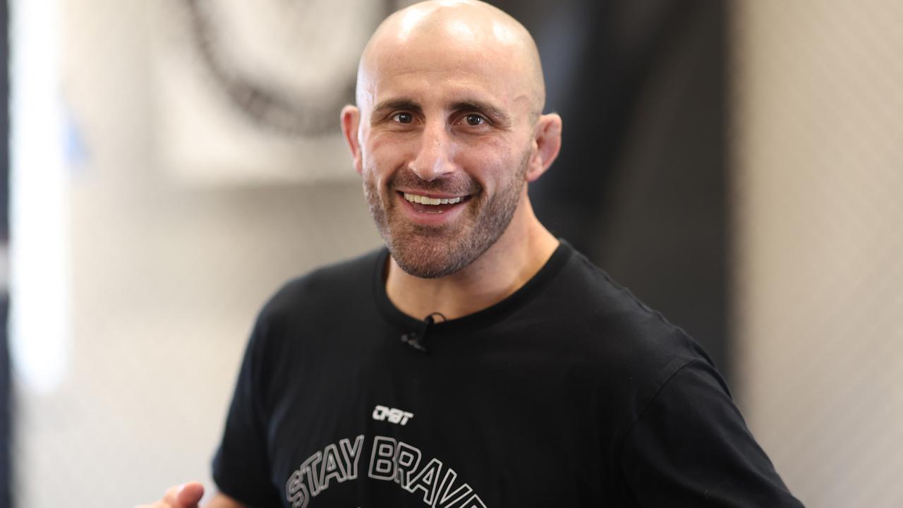 Alex Volkanovski speaks to media as he prepares for his fight against Islam Makhachev. Picture: Mark Metcalfe/Zuffa LLC