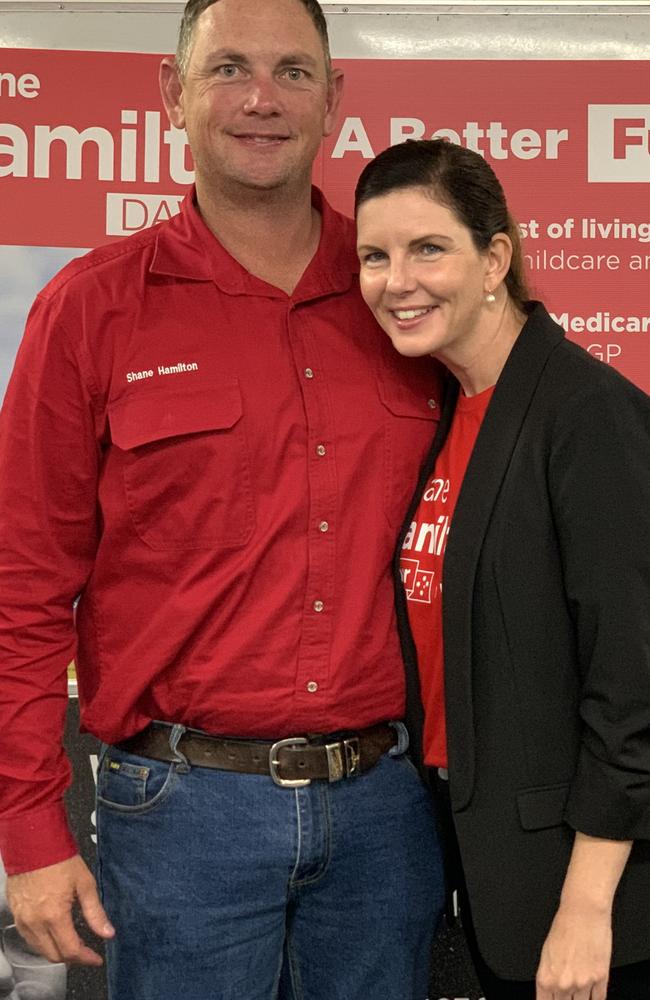 Labor candidate for Dawson Shane Hamilton with wife Anita Hamilton on federal election night, May 21, 2022. Picture: Duncan Evans