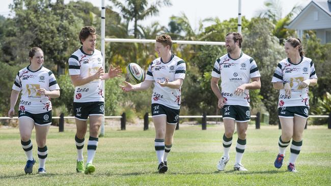 Warringah Rats is supporting its female players in their fight to get better facilities. Rugby players (l-r) Louise Sheridan, Max Jones, Harry McBryde, Ben Scanlan and Sarah Carrington pose for a photograph at Pittwater Rugby Park at Narrabeen. Picture: Troy Snook.