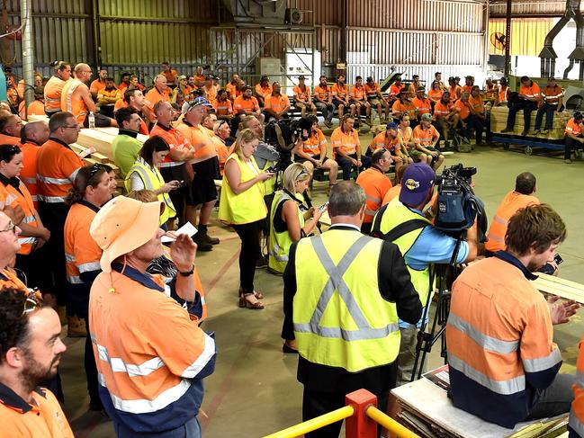 Employees of ASH, Australian Sustainable Hardwood gather at a mass meeting anouncing the closure of the Heyfield timber mill, Friday 17th March 2017. Picture : Andrew Batsch