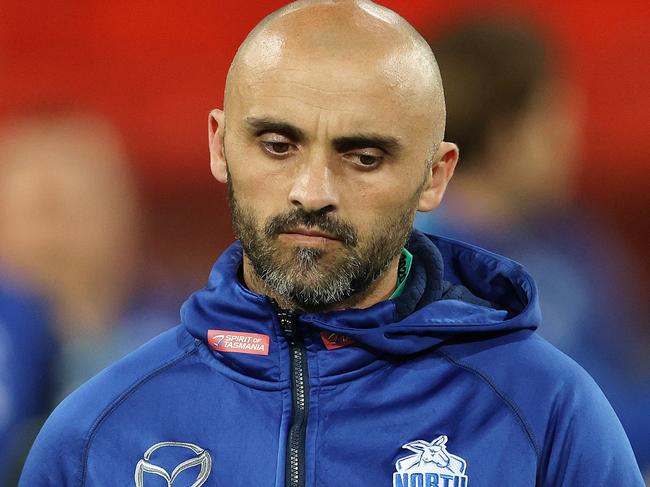 AFL Round 18. 17/09/2020.  North Melbourne vs West Coast Eagles at Metricon stadium, Gold Coast.  Rhyce Shaw, senior coach of the Kangaroos at qtr time  . Pic: Michael Klein