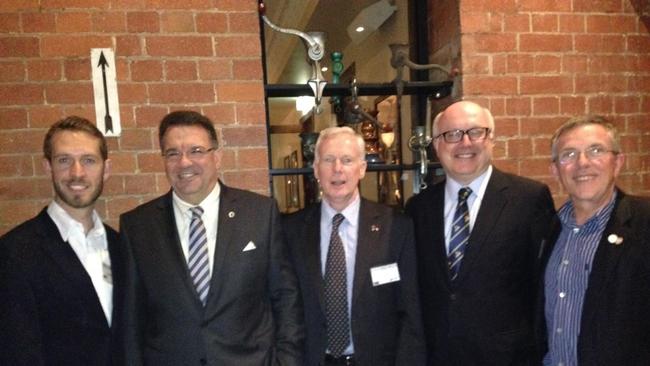 Current Liberal National Party state director Ben Riley (left) with other former presidents of the Young LNP in Queensland. (From second-left) Santo Santoro, Allan Pidgeon, George Brandis and Ian Walker. Picture: YLNP.