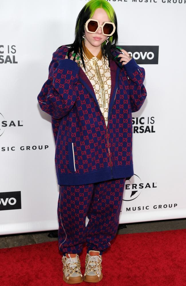 Grammys queen Billie Eilish in a Gucci tracksuit. Picture: Getty Images