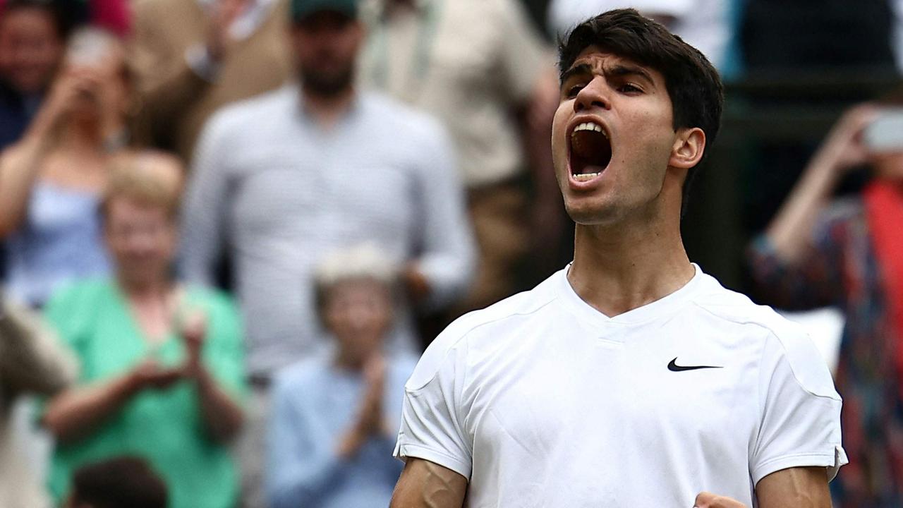 Spain's Carlos Alcaraz celebrates winning his men's singles semi-final.