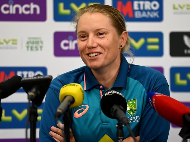 NOTTINGHAM, ENGLAND - JUNE 21: Australia captain Alyssa Healy speaks during a press conference at Trent Bridge on June 21, 2023 in Nottingham, England. (Photo by Gareth Copley/Getty Images)