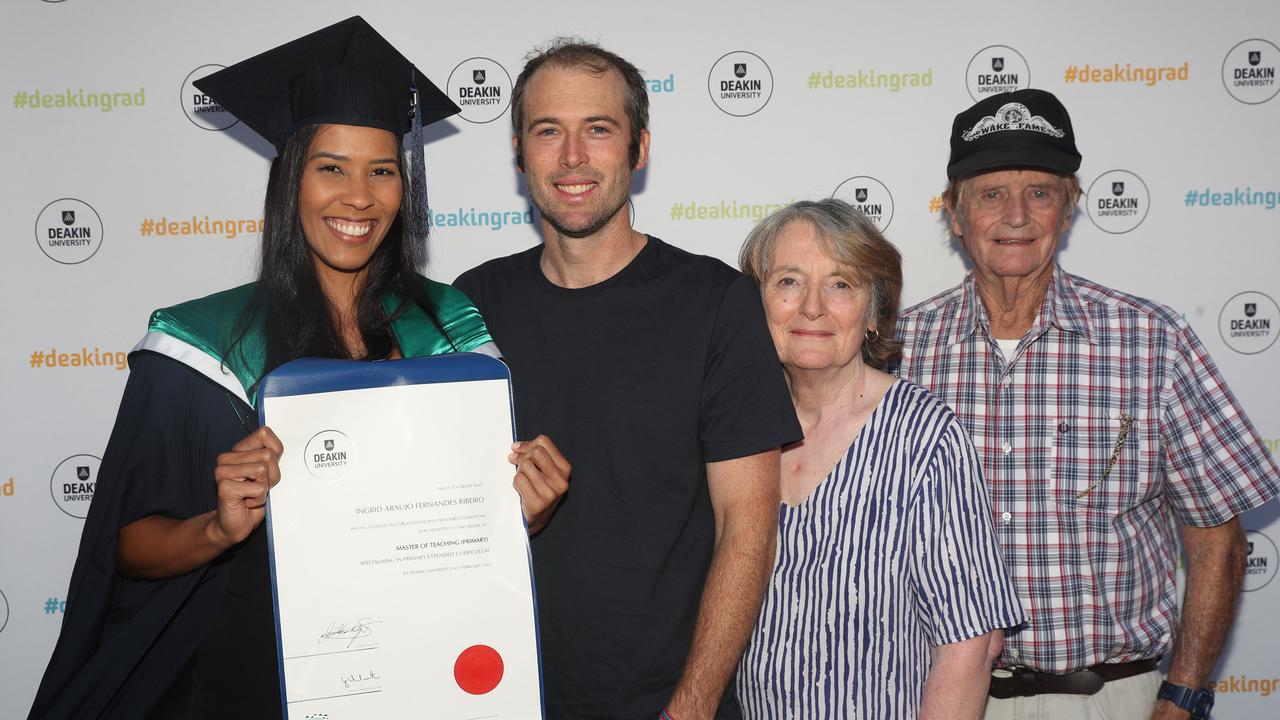 Ingrid Ribeiro with Alex, Marjorie and John Youings. Deakin School of Education; NIKERI; and Centre of Humanitarian Leadership students graduated on Wednesday lunchtime. Picture: Alan Barber