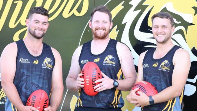 Lobethal star Mitch Grigg with Aidan Riley (middle, former Sturt) and Peter Bampton (right, former Norwood). Picture: Lobethal Football Club