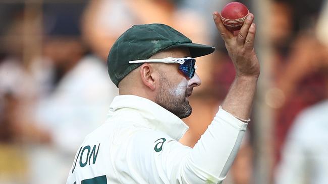 Nathan Lyon holds up the ball after he took eight wickets in an innings during the Third Test. Picture: Getty Images