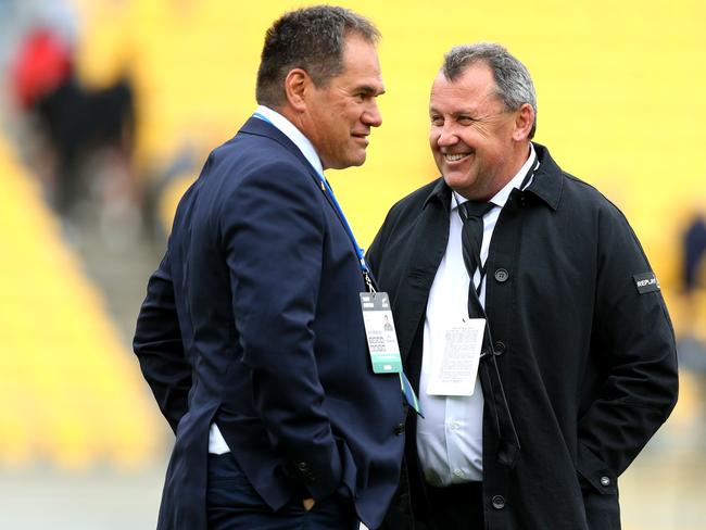 WELLINGTON, NEW ZEALAND – OCTOBER 11: Head coach Ian Foster of the All Blacks and head coach Dave Rennie of the Wallabies talk ahead of the Bledisloe Cup match between the New Zealand All Blacks and the Australian Wallabies at Sky Stadium on October 11, 2020 in Wellington, New Zealand. (Photo by Hagen Hopkins/Getty Images)