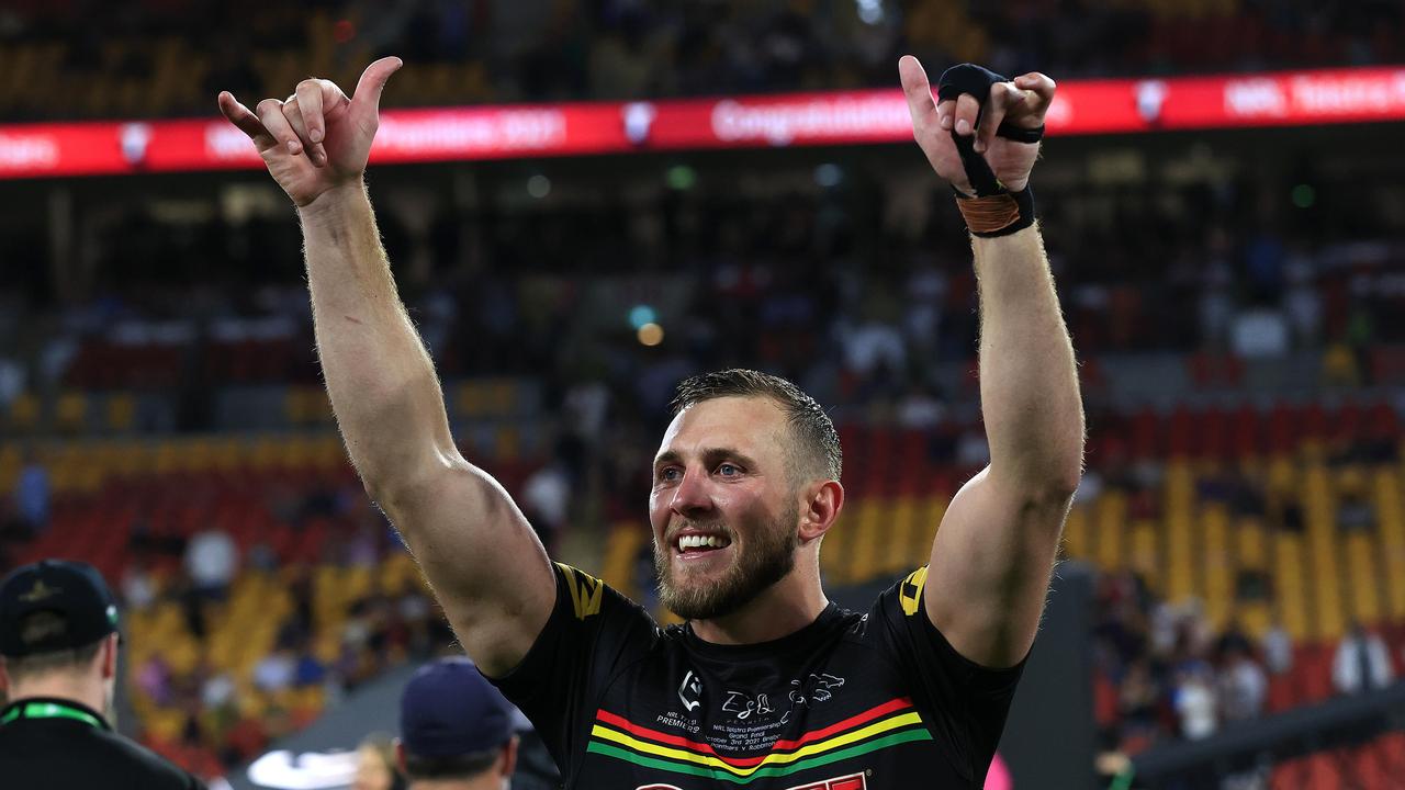 Kurt Capewell celebrates winning the premiership with Penrith.