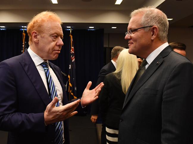 Australian billionaire Anthony Pratt and Australia's Prime Minister Scott Morrison at the American-Australian Association in New York, United States, Sunday, September 23, 2019. (AAP Image/Mick Tsikas) NO ARCHIVING