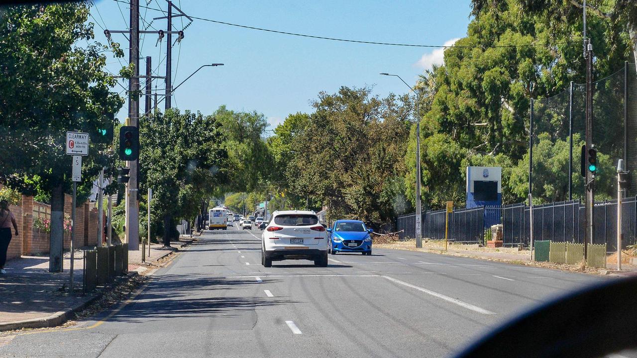 The approach to the pedestrian crossing outside Marryatville High School, with the tree branch over the traffic light. Picture Brenton Edwards