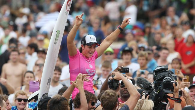 Final of the Quiksilver Pro Surfing contest at Snapper Rocks on the Gold Coast. Tyler Wright wins the Womens Final. Picture Glenn Hampson