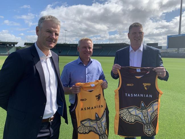 Hawthorn president Andy Gowers, Tasmania premier Jeremy Rockliff and Hawthorn CEO Justin Reeves at UTAS Stadium on Tuesday. Picture: Jon Tuxworth