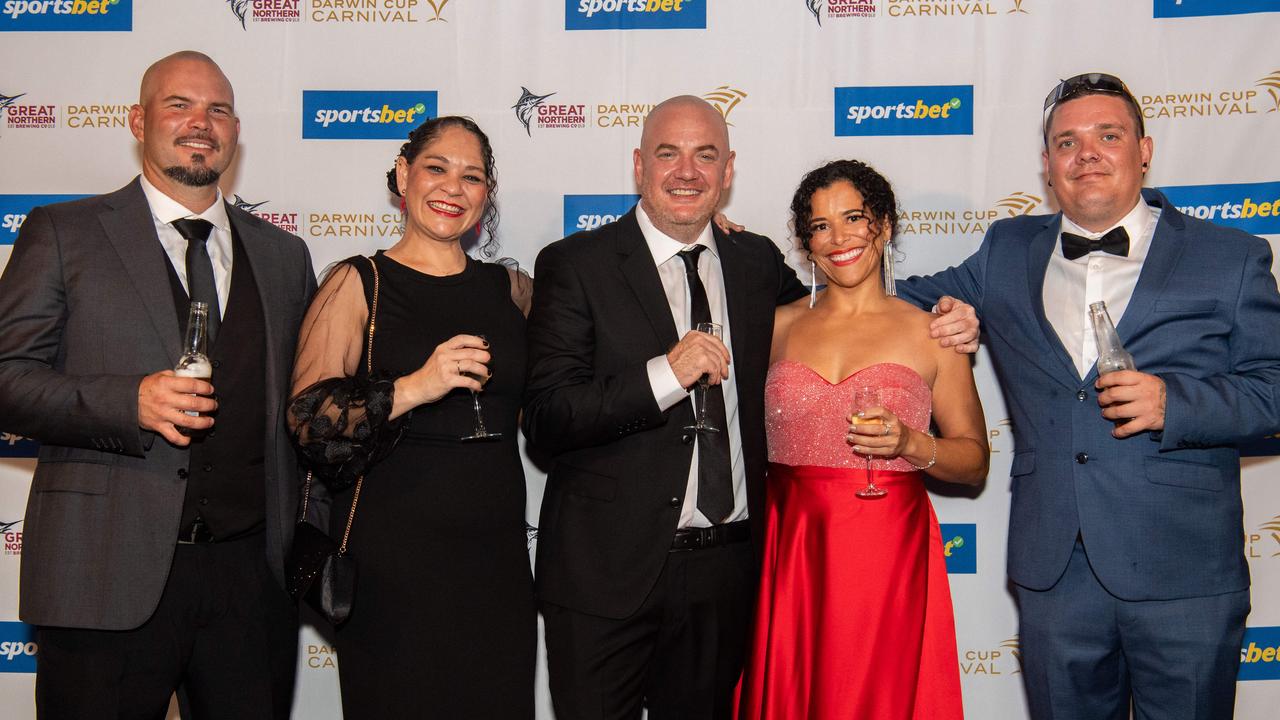 The Buff Club’s Jordan, Tania, Sam, Lidi and Corey at the 2024 Darwin Turf Club Gala Ball. Picture: Pema Tamang Pakhrin