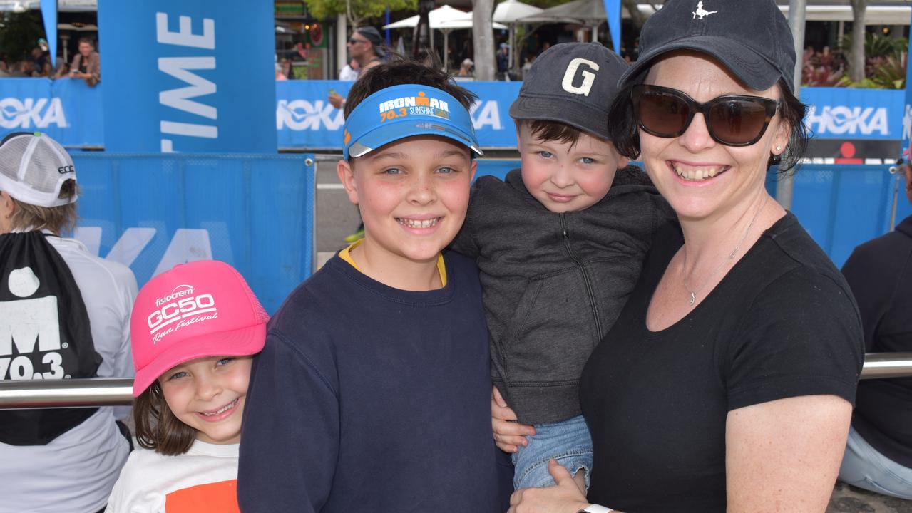 Annabel Finnila, Cormac Finnila, Fergus Finnila and Adelaide Finnila at the Sunshine Coast Ironman 70.3 at Mooloolaba 2022.