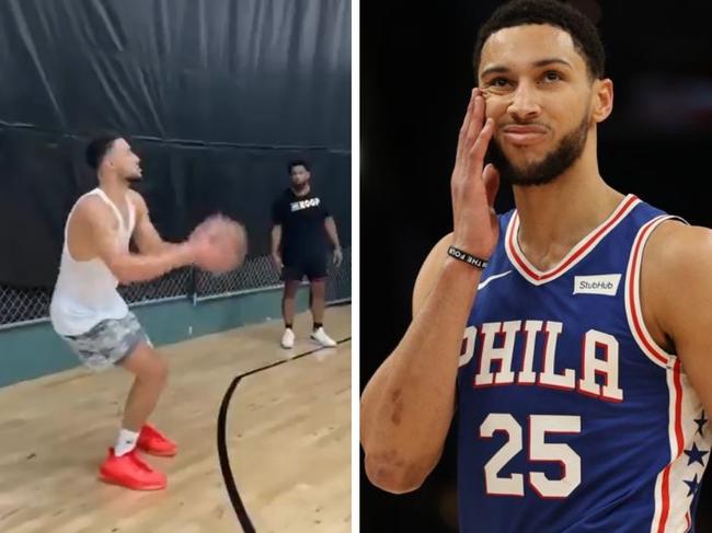 Ben Simmons in the gym. Photo: Getty, Twitter @LeagueAlerts.