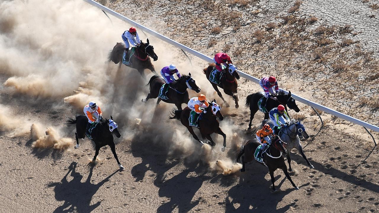 An aerial view of the field during race 6, the Road Tech Marine Open Handicap, at the Birdsville Races on Friday, Picture: AAP Image/Dan Peled