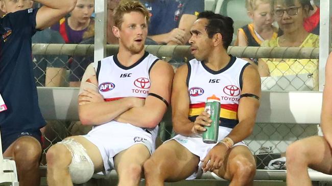 Crows skipper Rory Sloane on the bench with the ice pack on his hamstring in Darwin on Saturday night. Picture: Scott Barbour/Getty Images