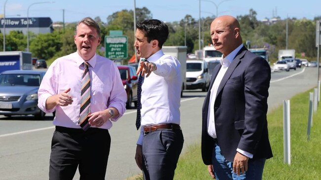 (L-R) Moggill MP Dr Christian Rowan, Opposition Leader David Crisafulli and Steve Minniken at the Centenary Bridge site on Thursday (November 3).