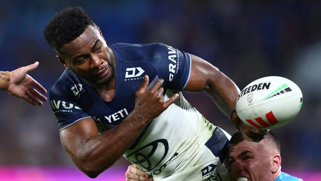 Semi Valemei is tackled during the round 10 NRL match against the Gold Coast Titans. (Photo by Chris Hyde/Getty Images)