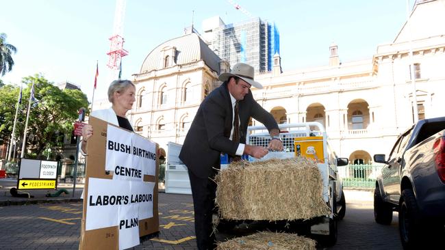 Bryson Head and Ros Bates drop hay bales outside parliament. Picture: Steve Pohlner