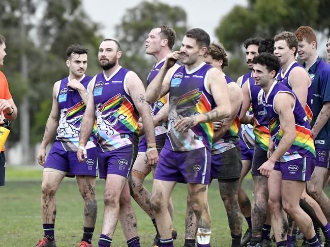 VAFA: Division 2 MenÃ¢â¬â¢s, Round 12. Brunswick FC Senior Mens vs Elsternwick Senior Mens at Gillon Oval, Brunswick, Victoria, Saturday 13th July, 2024. Brunswick celebrate their win.Photo: Andrew Batsch