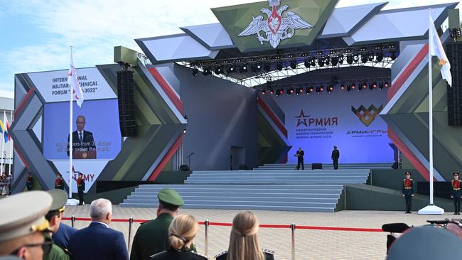 Vladimir Putin delivers a speech during the opening ceremony of the Army-2022 expo outside Moscow, where he declared Russia’s weapons “superior” to the West. Picture: AFP