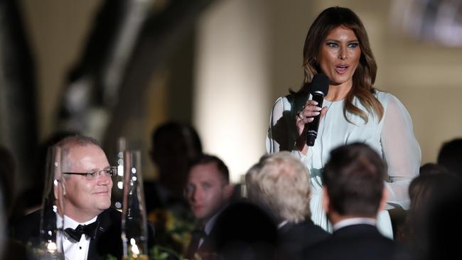 First lady Melania Trump speaks as Prime Minister Morrison listens during a state dinnerheld in his honour.