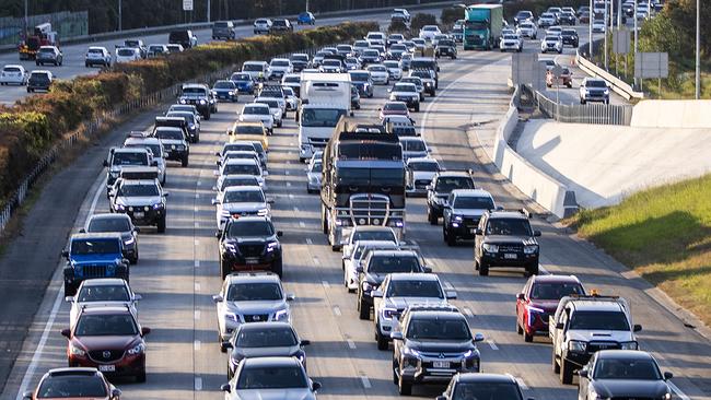 Heavy traffic on the M1 Pacific Motorway heading south towards the Gold Coast from Brisbane. Picture: Nigel Hallett