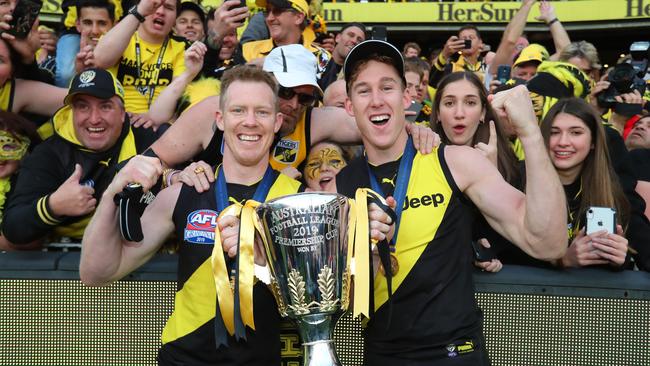 Jack Riewoldt and Tom Lynch celebrating Richmonds 2019 win over GWS. Picture: Alex Coppel.