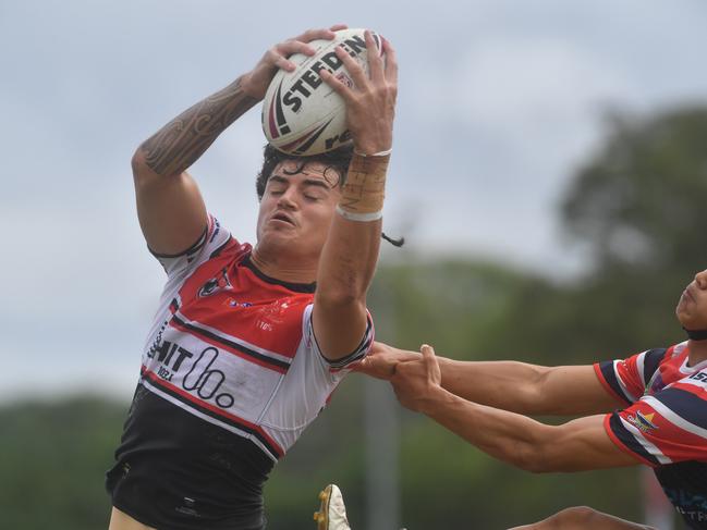 Kirwan State High School hosts St Patrick's College, Mackay, in round 1 of the 2025 Aaron Payne Cup. Kees Anderson takes a high ball to score try. Picture: Evan Morgan