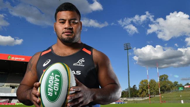 Australian Wallabies player Taniela Tupou is seen posing for a photograph at Ballymore in Brisbane, Tuesday, June 5, 2018.  The Wallabies are facing Ireland in the first test of a three game series on June 9 at Suncorp Stadium in Brisbane. (AAP Image/Darren England) NO ARCHIVING