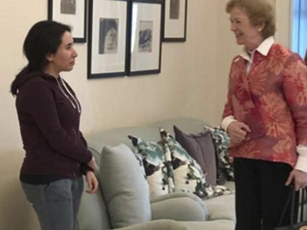 Princess Sheikha Latifa photographed with Mary Robinson, former president of Ireland, in Dubai, United Arab Emirates. Picture: UAE Ministry of Foreign Affairs/AP