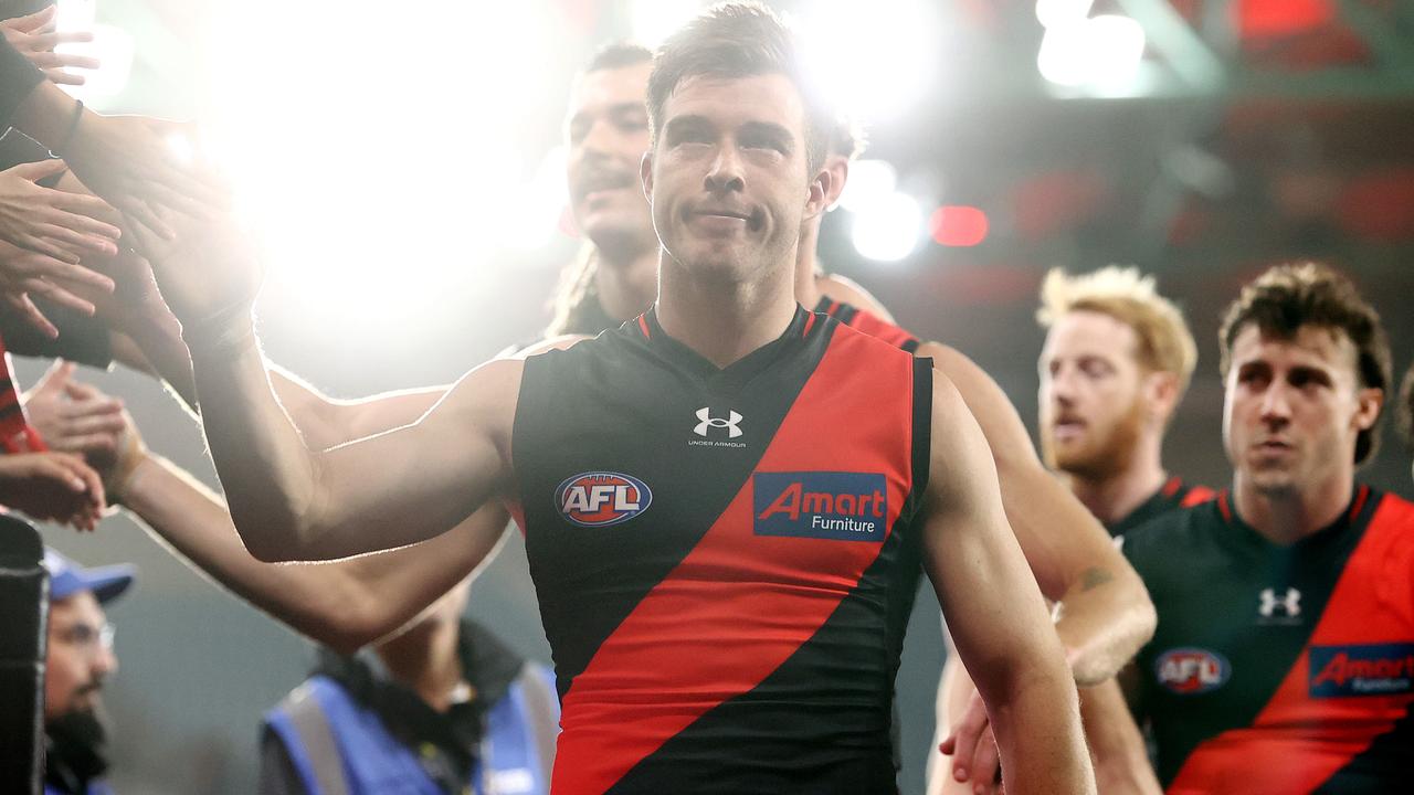 MELBOURNE . 09/04/2023. AFL . Round 4. Essendon vs Greater Western Sydney at Marvel Stadium. Skipper Zach Merrett leads his team off Marvel Stadium . Pic: Michael Klein