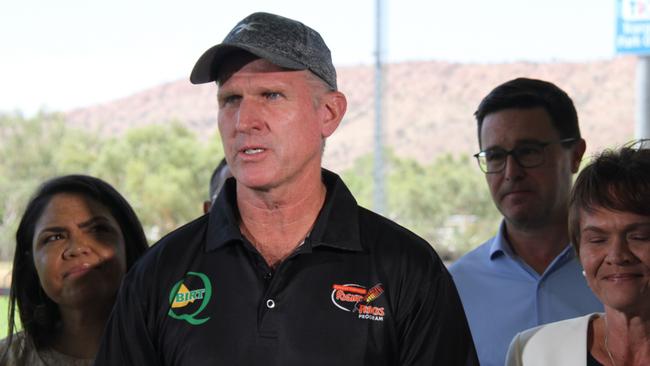 Redtail's Pinktail's Right Tracks program president Rob Clarke, NT Senator Jacinta Price, federal National party leader David Littleproud, and CLP Lingiari candidate Lise Seibert at Traeger Park in Alice Springs, March 18, 2025. Picture: Gera Kazakov