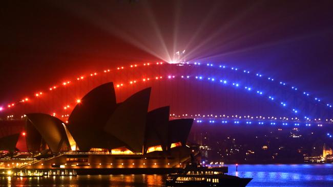 Technicians testing the lighting on the Sydney Harbour Bridge. Pic: Bill Hearne